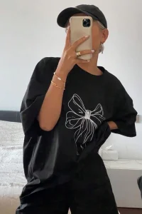 Kadın Fiyonk Baskılı T-Shirt Kısa Kol Bisiklet Yaka Oversize Tişört - Siyah
