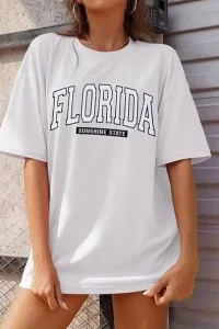 Kadın Kısa Kol Yazlık Tişört Bisiklet Yaka FLORIDA Baskılı T-Shirt - Beyaz