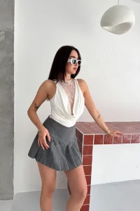 Kadın Dantel Detaylı Derin Dekolte Body Şık Kolsuz Yazlık Bodysuit - Beyaz