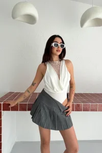 Kadın Dantel Detaylı Derin Dekolte Body Şık Kolsuz Yazlık Bodysuit - Beyaz