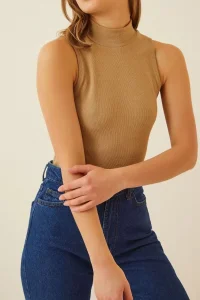 Kadın Full Likralı Fitilli Kaşkorse Body - Camel