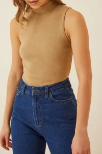 Kadın Full Likralı Fitilli Kaşkorse Body - Camel