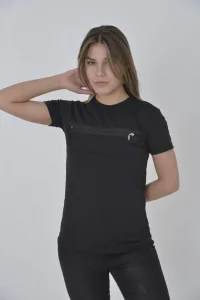 Kadın Gögüs Fermuarlı T-Shirt Kısa Kol Bisiklet Yaka Slimfit Tişört - Siyah