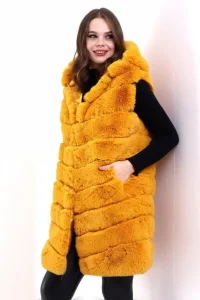 Kadın Kapüşonlu Peluş Kürk Yelek Premium Kalite Tam Astarlı Uzun Model - Sarı