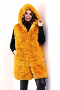 Kadın Kapüşonlu Peluş Kürk Yelek Premium Kalite Tam Astarlı Uzun Model - Sarı