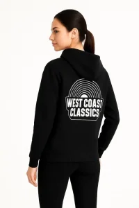 Kadın Oversize Kapüşonlu Cepli Baskılı 3 İplik Pamuklu Hoodie Sweatshirt - Siyah