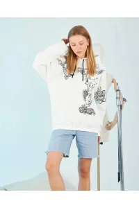 Kadın Oversize Kapüşonlu Baskılı 3 İplik Pamuklu Hoodie Sweatshirt - Beyaz