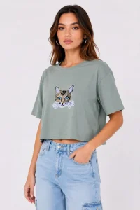 Kadın Kedi Baskılı Oversize Crop Tişört Salaş Basic Yarım Kol T-shirt - Mint Yeşili