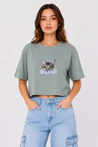 Kadın Kedi Baskılı Oversize Crop Tişört Salaş Basic Yarım Kol T-shirt - Mint Yeşili