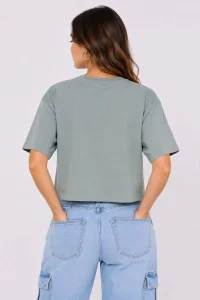 Kadın Kedi Baskılı Oversize Crop Tişört Salaş Basic Yarım Kol T-shirt - Mint Yeşili
