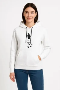 Kadın 3 İplik Pamuklu Kapüşonlu Hoodie Sweatshirt Nihilist Penguen Baskılı - Beyaz
