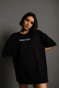 Kadın Oversize Tişört Golf GTI Retro Araba Baskılı T-shirt- Siyah