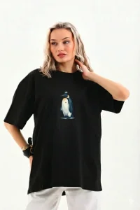 Kadın T-Shirt Penguen Baskılı Bisiklet Yaka Kısa kol yazlık Tişört - Siyah