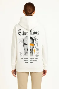 Kadın Kapüşonlu Kanguru Cepli Sweatshirt 3 İplik Pamuklu Baskılı Hoodie - Beyaz