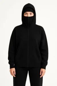 Kadın Samuray Ninja Çift Kapüşonlu Maske Detaylı 3 İplik Hoodie - Siyah