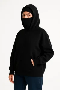 Kadın Samuray Ninja Çift Kapüşonlu Maske Detaylı 3 İplik Hoodie - Siyah