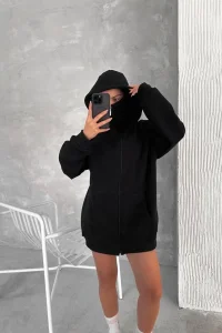 Kadın Samuray Ninja Çift Kapüşonlu Maske Detaylı 3 İplik Hoodie - Siyah