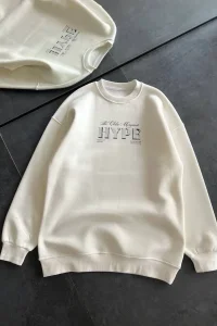 Kadın 3 İplik Pamuklu Bisiklet Yaka Baskılı SweatShirt - Beyaz