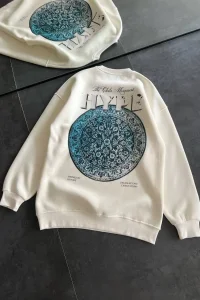 Kadın 3 İplik Pamuklu Bisiklet Yaka Baskılı SweatShirt - Beyaz