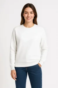 Kadın 3 İplik Pamuklu Düz Bisiklet Yaka SweatShirt - Beyaz