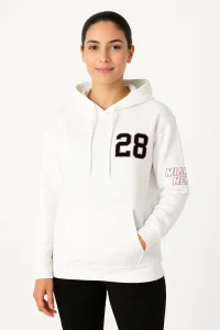 Kadın Kapüşonlu Kanguru Cepli Sweatshirt 3 İplik Pamuklu Baskılı Hoodie - Beyaz