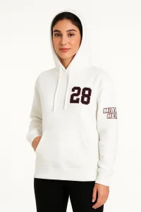 Kadın Kapüşonlu Kanguru Cepli Sweatshirt 3 İplik Pamuklu Baskılı Hoodie - Beyaz