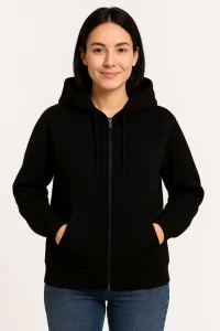 Kadın 3 İplik Kapüşonlu Tam Fermuarlı Kanguru Cepli Sweatshirt Hoodie - Siyah