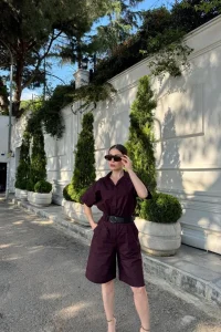 Kadın Yakalı Gömlek Kemerli Şortlu Alt-Üst Takım - Bordo