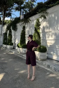Kadın Yakalı Gömlek Kemerli Şortlu Alt-Üst Takım - Bordo