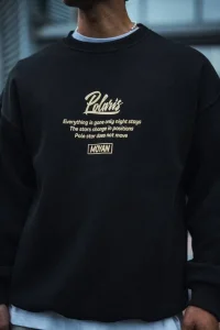 Erkek 3 iplik pamuklu Bisiklet Yaka Ön Ve Arka Baskılı SweatShirt - Siyah