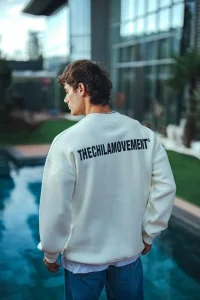 Erkek 3 iplik pamuklu Bisiklet Yaka Baskılı SweatShirt - Beyaz