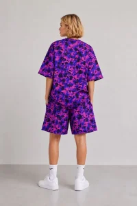 Kız Çocuk Oversize Kalıp Pubg Bape X Shark Nakışlı Cepli Şort Takım - Mor