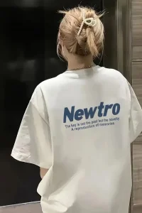 Kadın Tişört Newtro Baskılı Oversize Bisiklet Yaka T-shirt - Beyaz