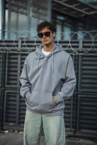 Erkek Tam Fermuarlı Cepli Kapüşonlu 3 iplik pamuklu hoodie Sweatshirt - Gri