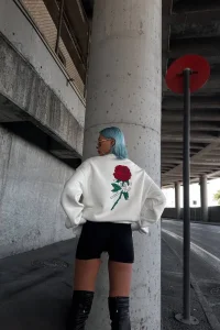 Kadın 3 iplik Pamuklu Bisiklet Yaka GÜL Baskılı SweatShirt - BeyazBeyaz