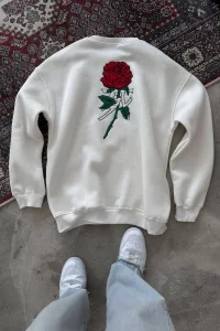 Kadın 3 iplik Pamuklu Bisiklet Yaka GÜL Baskılı SweatShirt - BeyazBeyaz