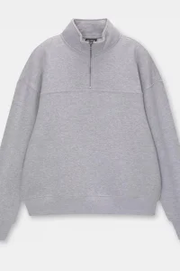 Kadın 3 İplik Pamuklu Oversize Yarım Fermuarlı Yakalı Basic Sweatshirt - Gri