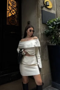 Kadın Straplez , Madonna , Carmen Yaka Croplu Mini Etekli ikili Alt-Üst Takım Triko - Beyaz