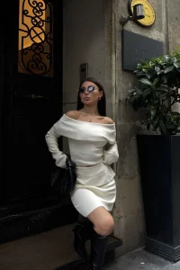 Kadın Straplez , Madonna , Carmen Yaka Croplu Mini Etekli ikili Alt-Üst Takım Triko - Beyaz