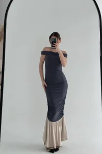 Kadın Striptiz Omuzlu Uzun Elbise- Füme