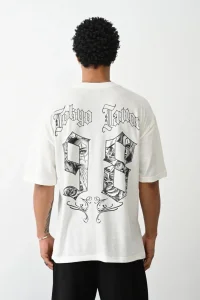 Erkek Kısa Kol Yazlık Tişört Bisiklet Yaka Baskılı Oversize T-Shirt - Beyaz