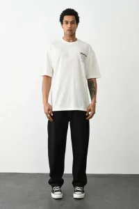 Erkek Kısa Kol Yazlık Tişört Bisiklet Yaka Baskılı Oversize T-Shirt - Beyaz