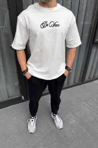 Erkek Baskılı T-Shirt Kısa Kol Bisiklet Yaka Regular Fit Rahat Kalıp Günlük Tişört - Beyaz
