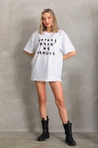 Kadın ön ve arka Baskılı Oversize Kısa kol  T-Shirt - Beyaz