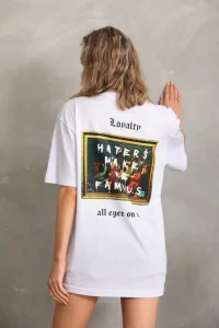 Kadın ön ve arka Baskılı Oversize Kısa kol  T-Shirt - Beyaz