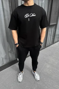 Erkek Baskılı T-Shirt Kısa Kol Bisiklet Yaka Regular Fit Rahat Kalıp Günlük Tişört - Siyah