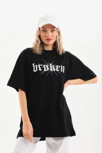Kadın Kısa Kol Yazlık Tişört Bisiklet Yaka Baskılı Oversize T-Shirt - Siyah