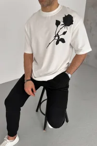 Erkek Kısa Kol Tişört Bisiklet Yaka GÜL Baskılı Oversize T-Shirt - Beyaz