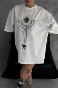 kadın Bisiklet Yaka Baskılı Oversize  Kısa kol T-Shirt - Beyaz