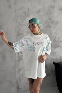 Kadın Tişort Bisiklet Yaka Yıldırım Şimşek Baskılı Kısa kol T-Shirt - Beyaz